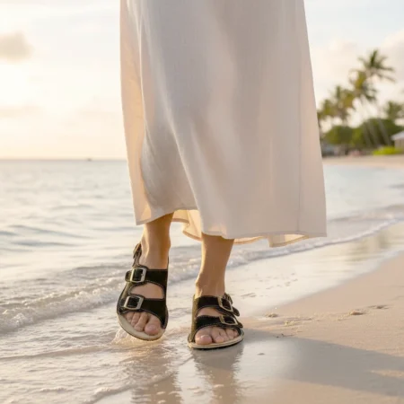 Women's Black Suede Leather Barefoot Double Strap Sandals | Rubber Sole
