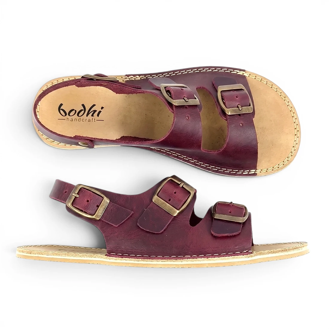 Women's Burgundy Barefoot Double Buckle Leather Sandals | Wide Toe Box & Zero Drop - Image 2