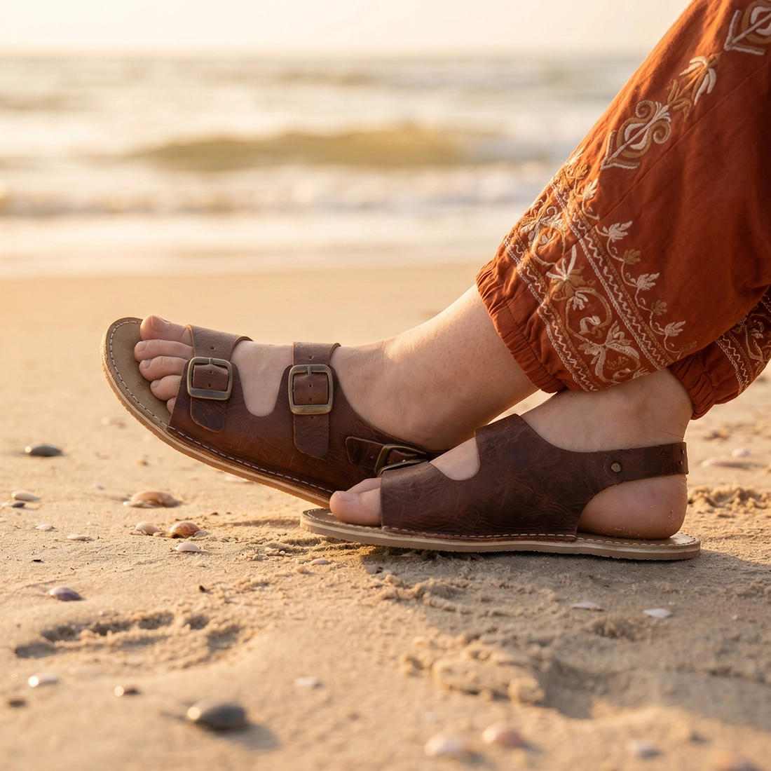 Women's Dark Brown Double Buckle Barefoot Sandals | Rubber Sole - Image 8
