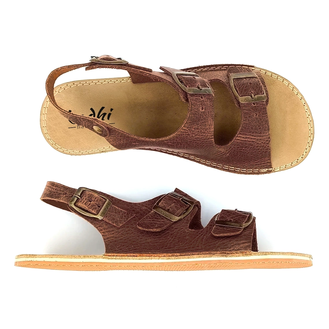 Women's Dark Brown Double Buckle Barefoot Sandals | Rubber Sole - Image 2