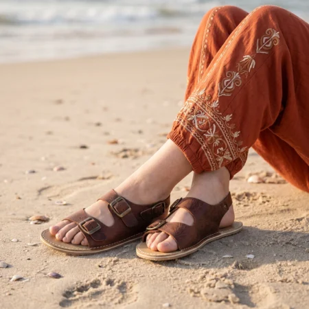 Women's Dark Brown Double Buckle Barefoot Sandals | Rubber Sole
