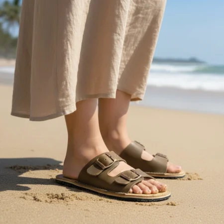 Olive Green Leather Barefoot Double Buckle Slides | Handmade Minimalist Sandals