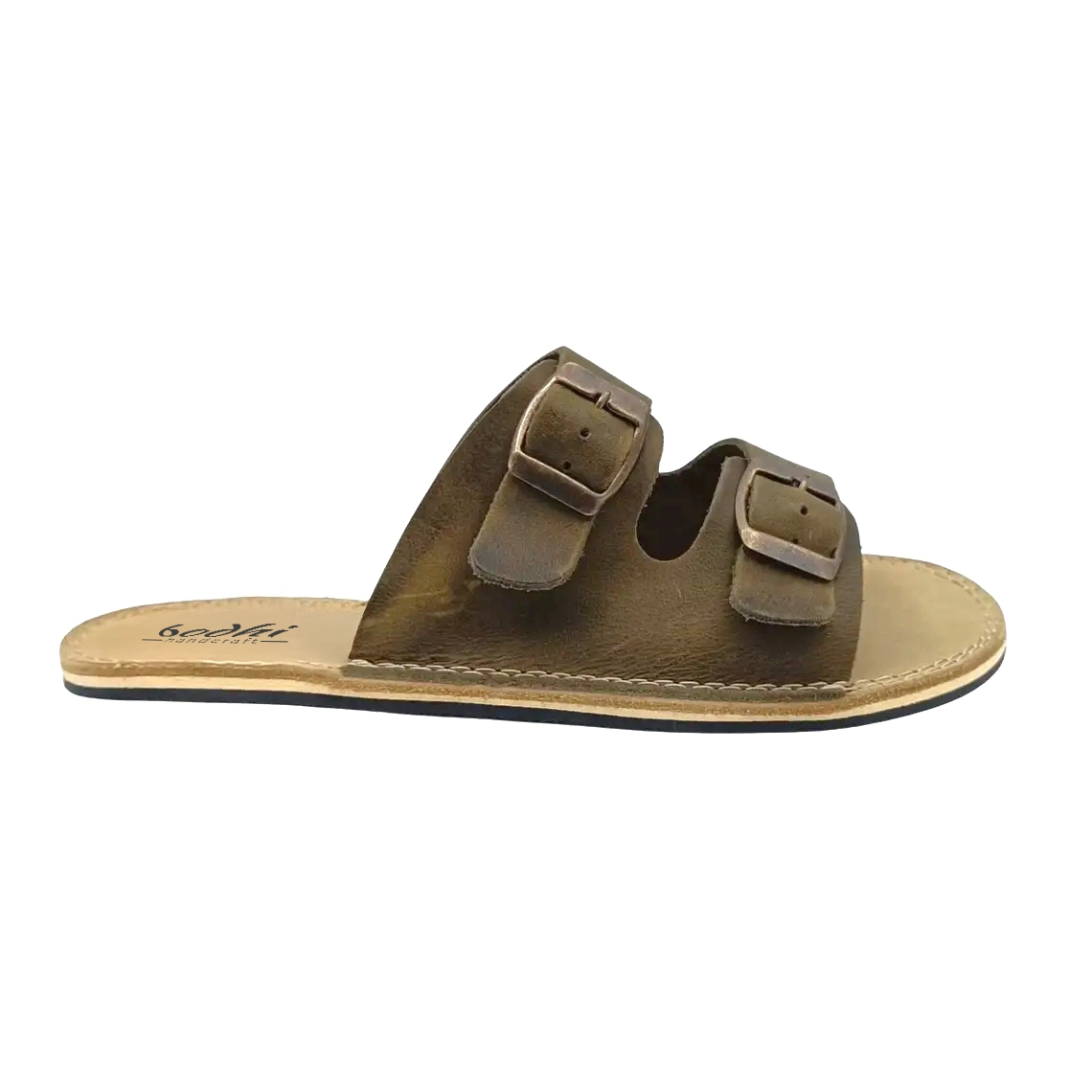 Olive Green Leather Barefoot Double Buckle Slides | Handmade Minimalist Sandals - Image 4