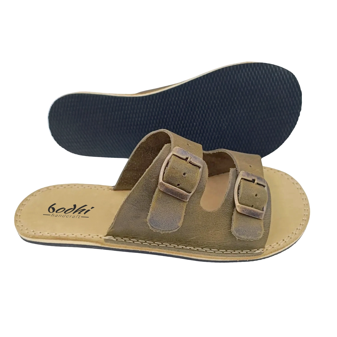 Kadın Zeytin Yeşili Deri Barefoot Çift Tokalı Terlik | El Yapımı Minimalist Terlik - Görsel 4