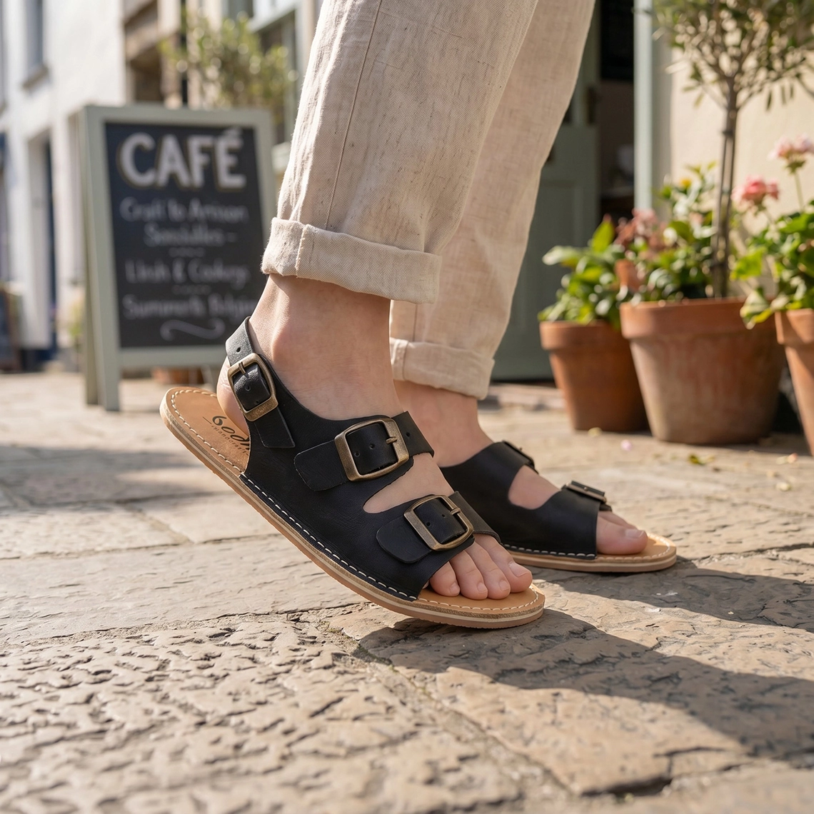 Women's Black Barefoot Double Strap Sandals | Rubber Sole - Image 4