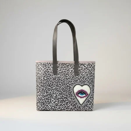 Tote Çanta Gri Leopar Desenli Kristal Göz İşlemeli | Deri Saplı, Kristal Taşlı El Yapımı – Style Virgo