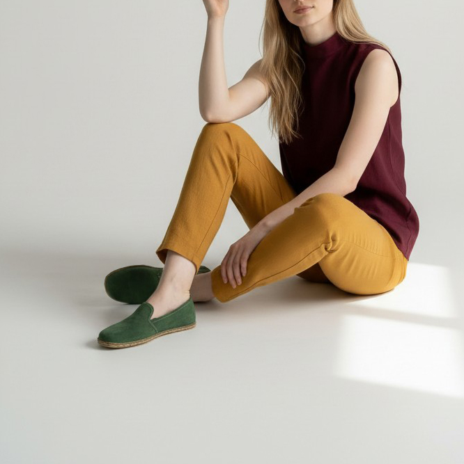 Kadın Yeşil Süet Deri Barefoot Loafer – Topraklama Tabanlı