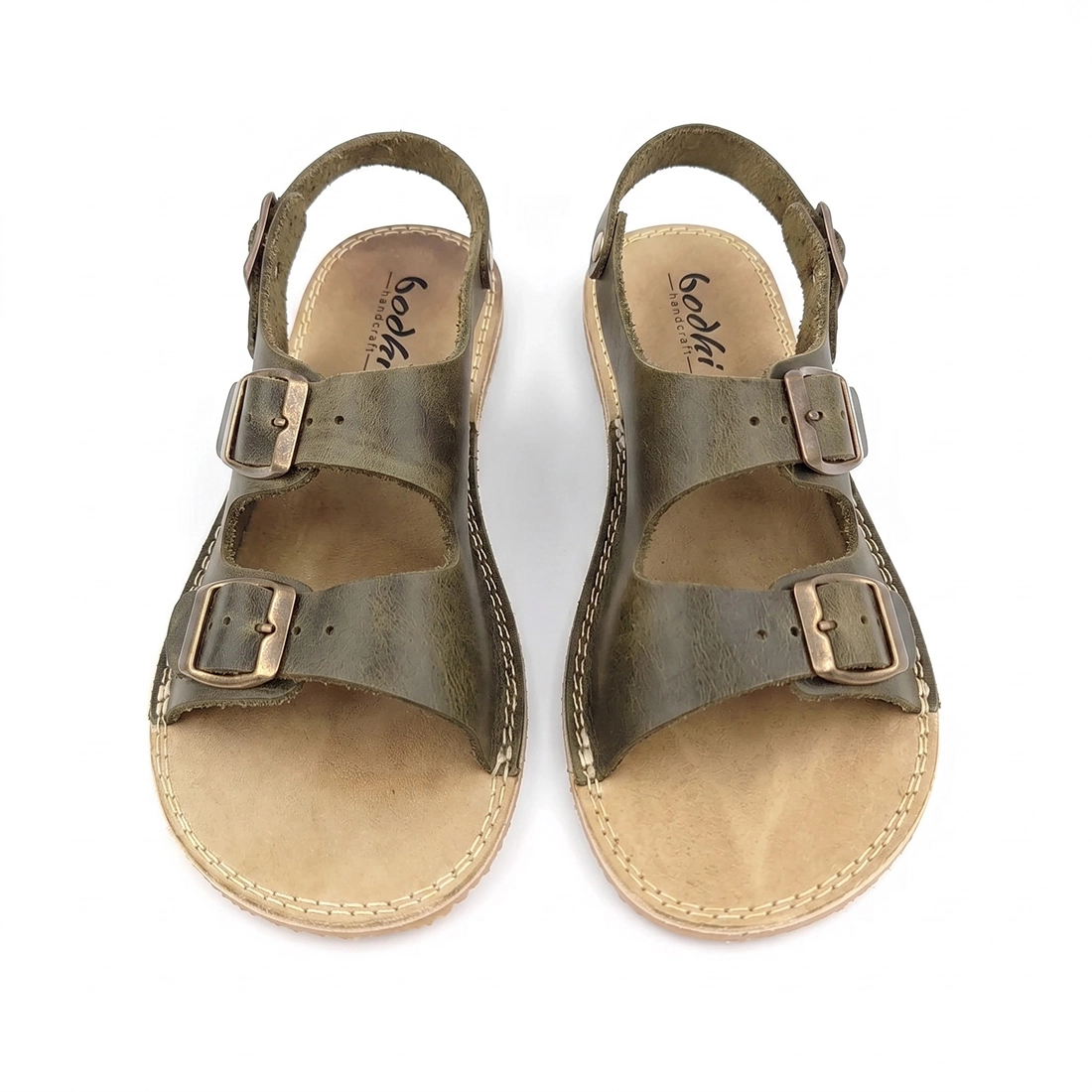 Women's Olive Green Barefoot Double Buckle Leather Sandals | Zero Drop & Rubber Sole - Image 4