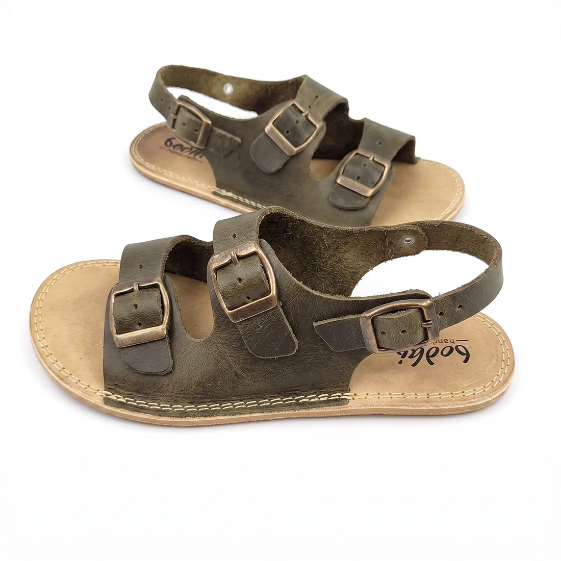 Women's Olive Green Barefoot Double Buckle Leather Sandals | Zero Drop & Rubber Sole - Image 6