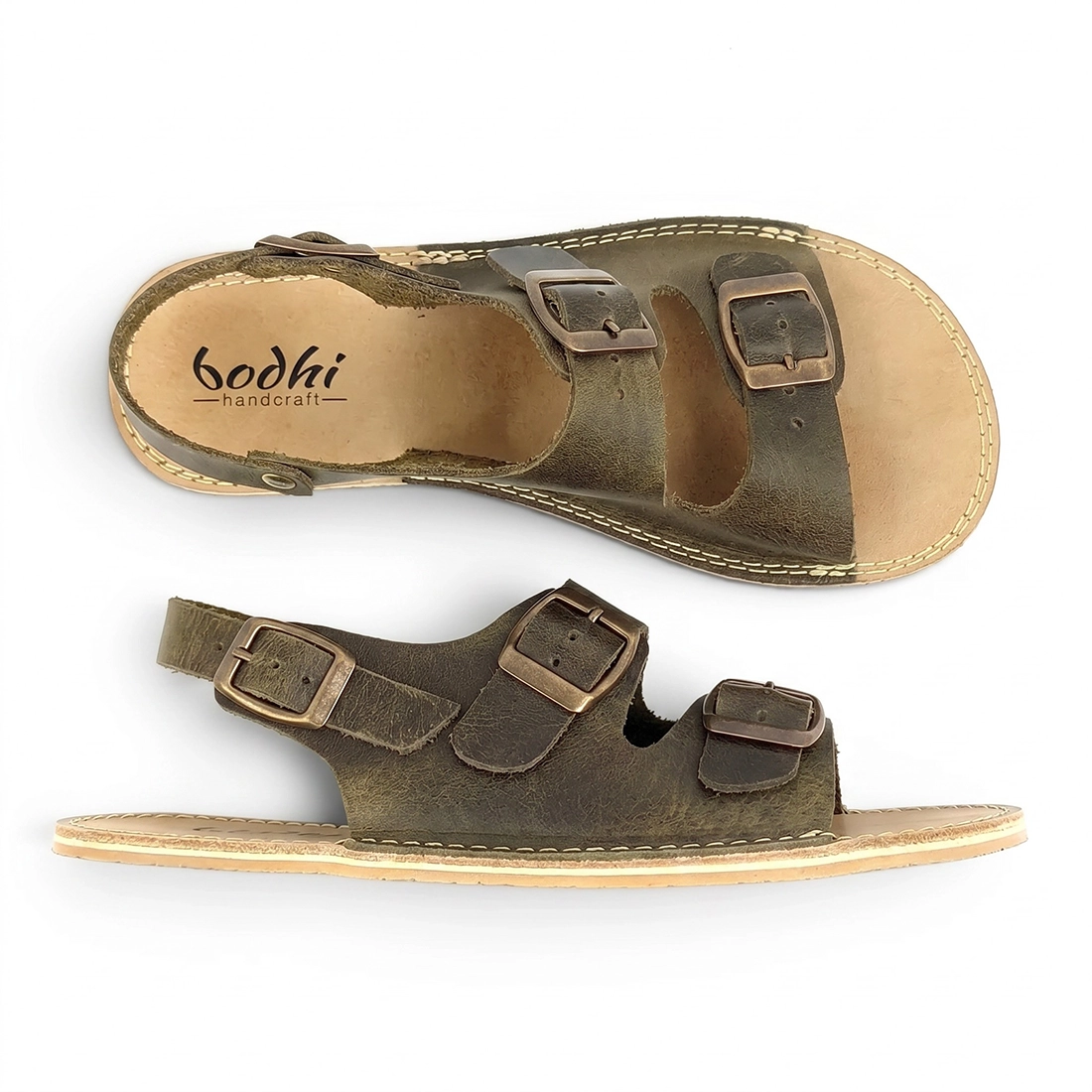 Women's Olive Green Barefoot Double Buckle Leather Sandals | Zero Drop & Rubber Sole - Image 2