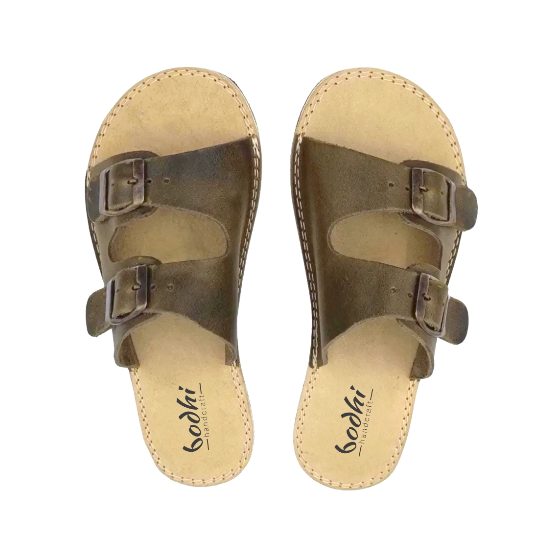 Olive Green Leather Barefoot Double Buckle Slides | Handmade Minimalist Sandals - Image 2