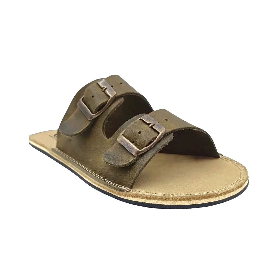 Olive Green Leather Barefoot Double Buckle Slides | Handmade Minimalist Sandals - Image 5