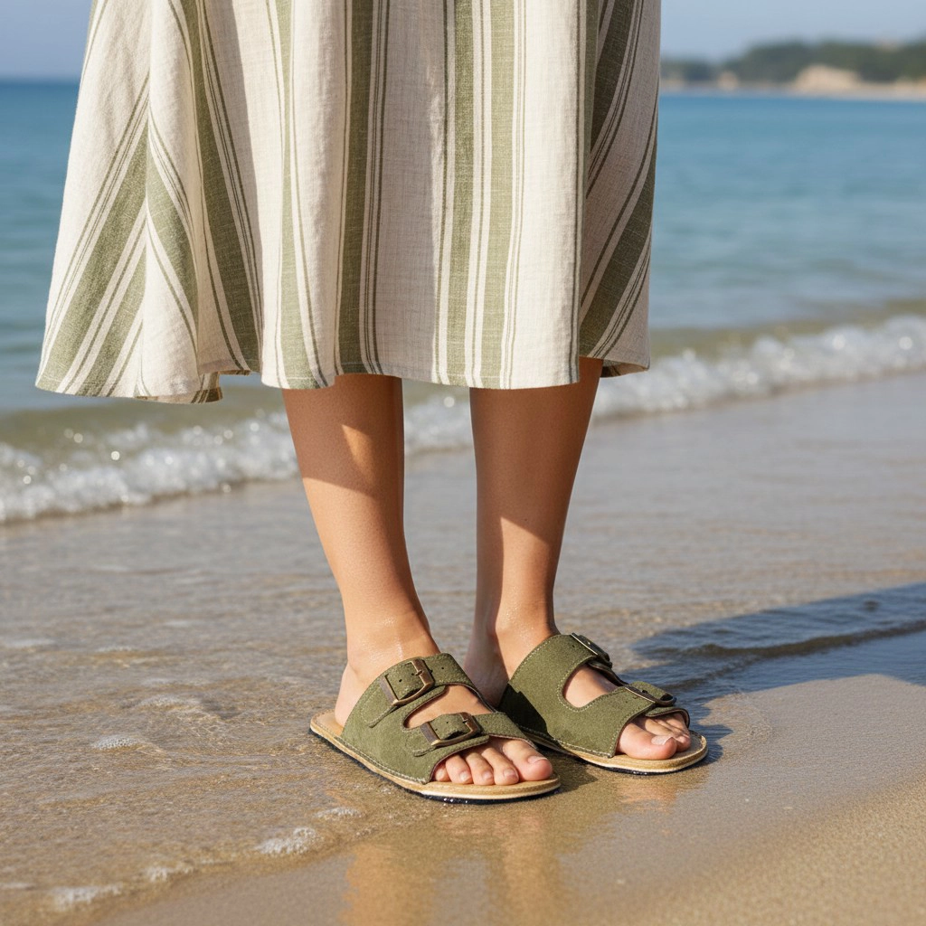 Yeşil Süet Deri Barefoot Çift Bantlı Kadın Plaj Terlikleri | El İmalatı - Görsel 5