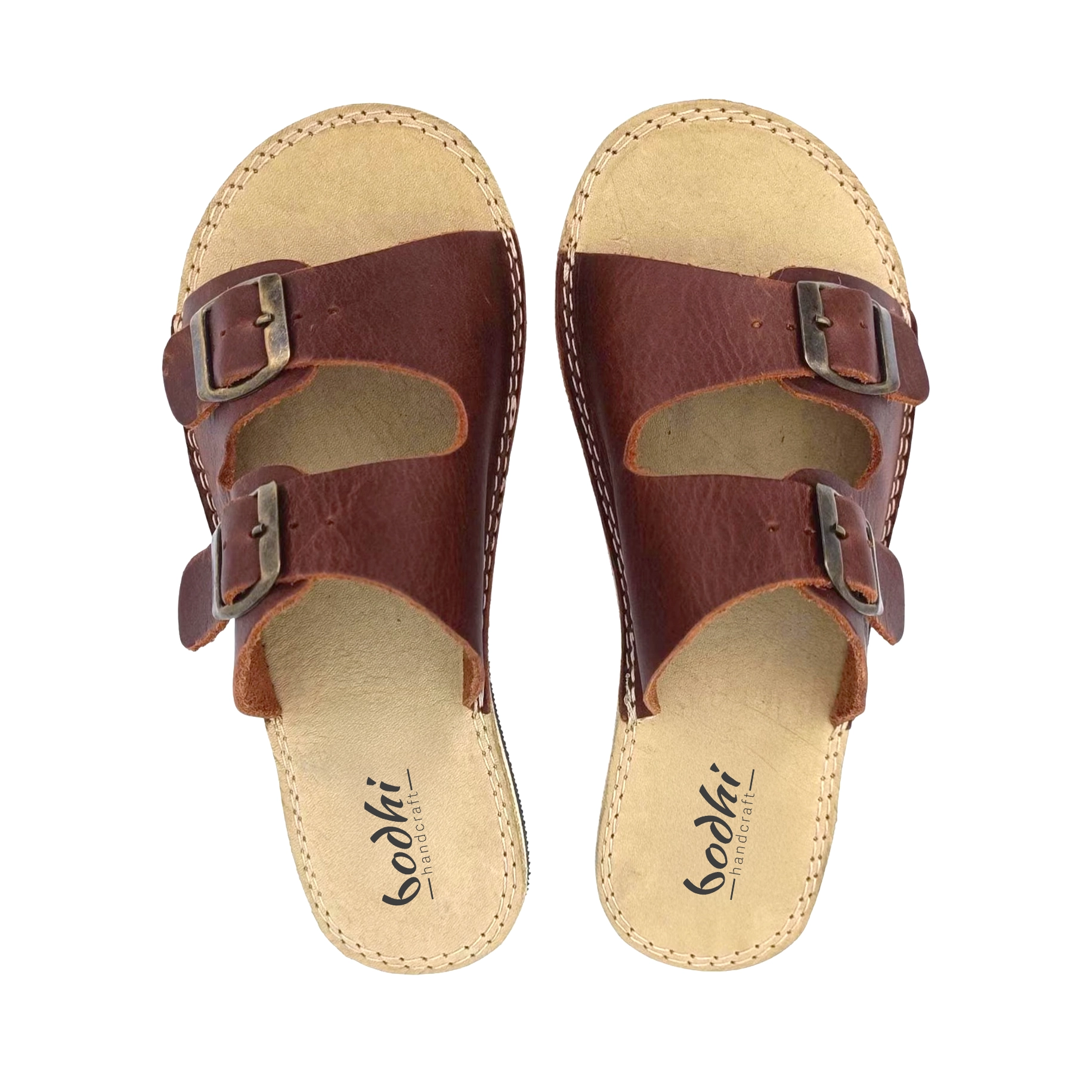 Çift Bantlı Barefoot Kadın Terliği Koyu Kahverengi Gerçek Deri | El İmalatı - Görsel 2