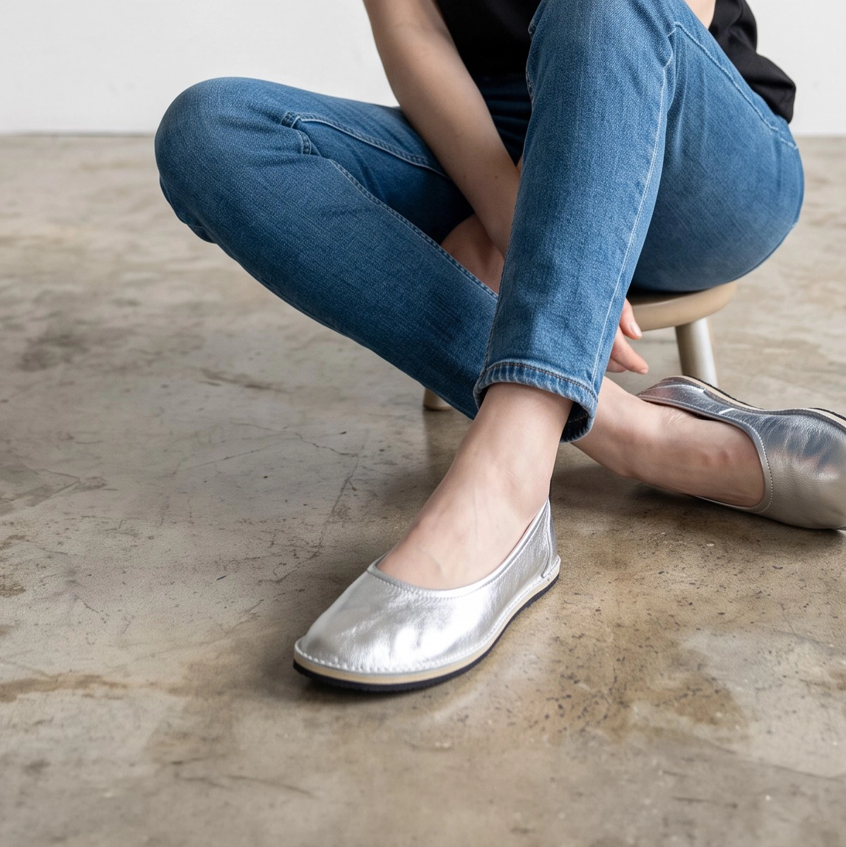 Silver Leather Women’s Barefoot Ballet Flat Shoes Rubber Sole - Image 3