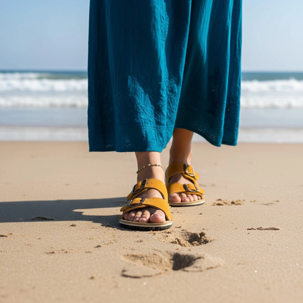 Sarı Süet Deri Barefoot Çift Tokalı Kadın Terliği | El İmalatı - Görsel 3