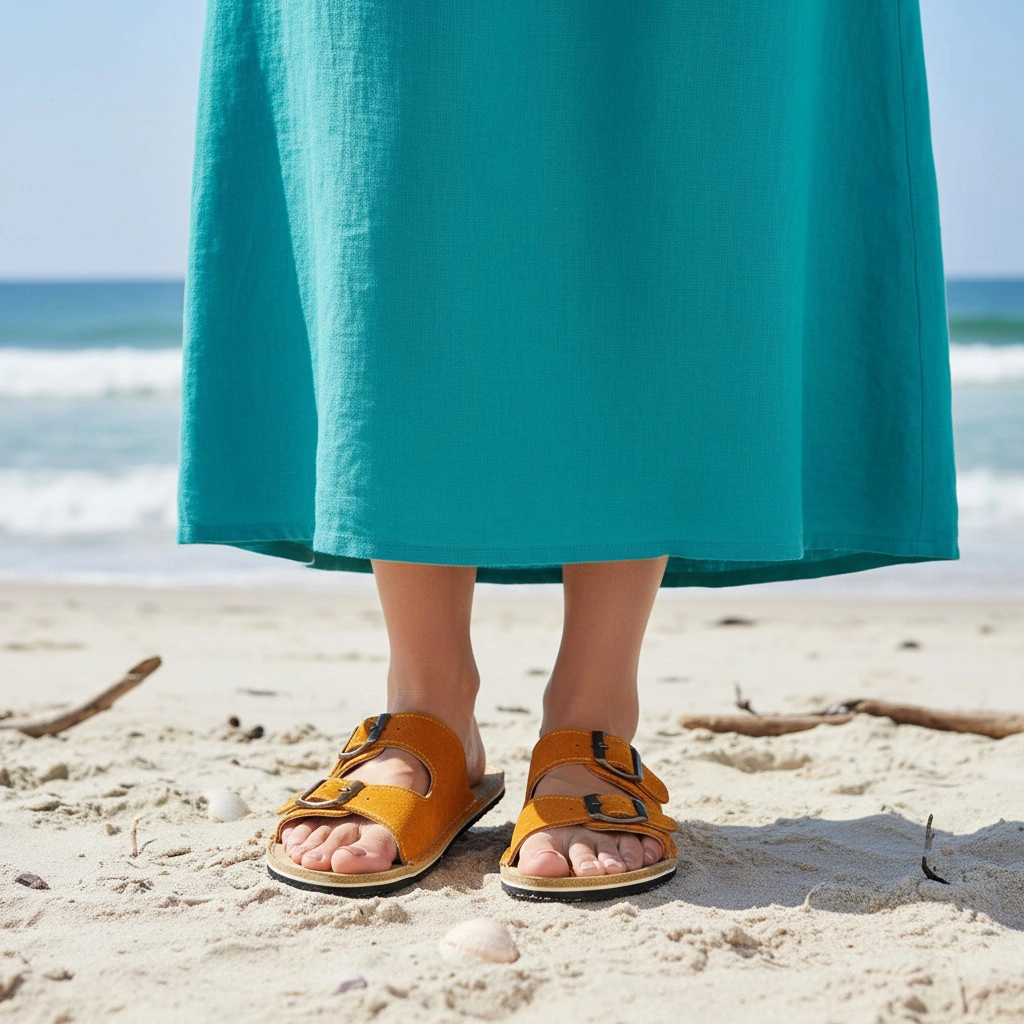 Sarı Süet Deri Barefoot Çift Tokalı Kadın Terliği | El İmalatı - Görsel 6