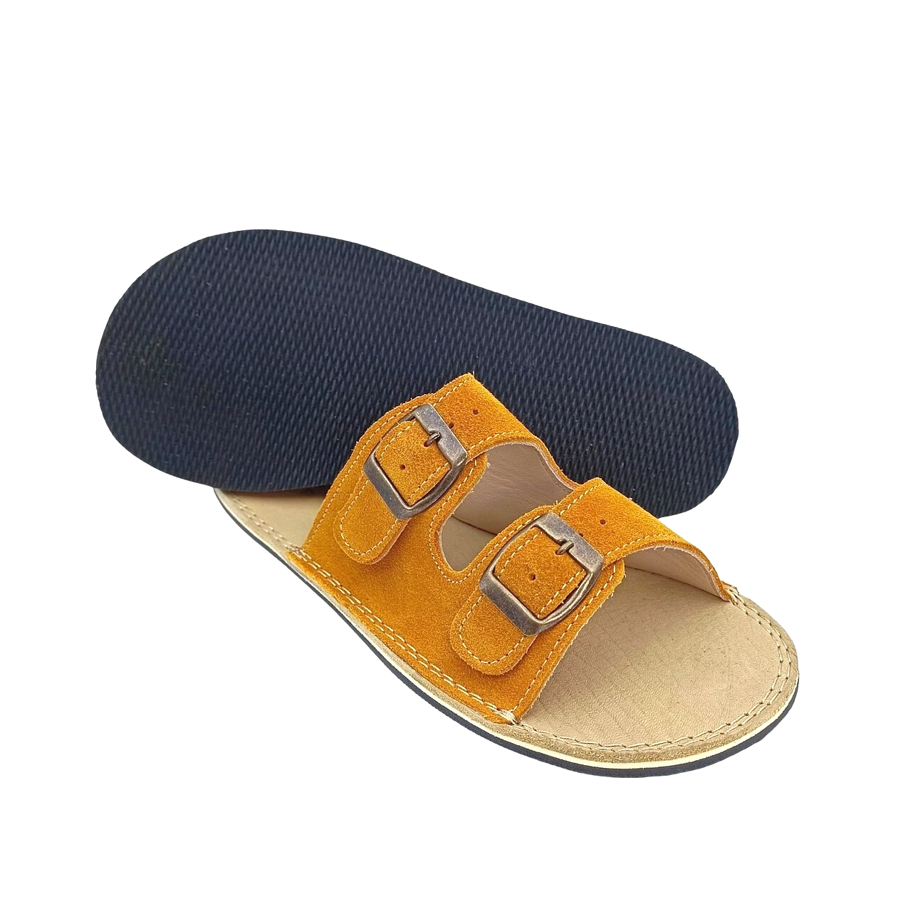 Sarı Süet Deri Barefoot Çift Tokalı Kadın Terliği | El İmalatı - Görsel 4