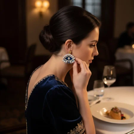 İnci ve Kristallerle Göz İşlemeli Özel Tasarım Küpeler – El Yapımı