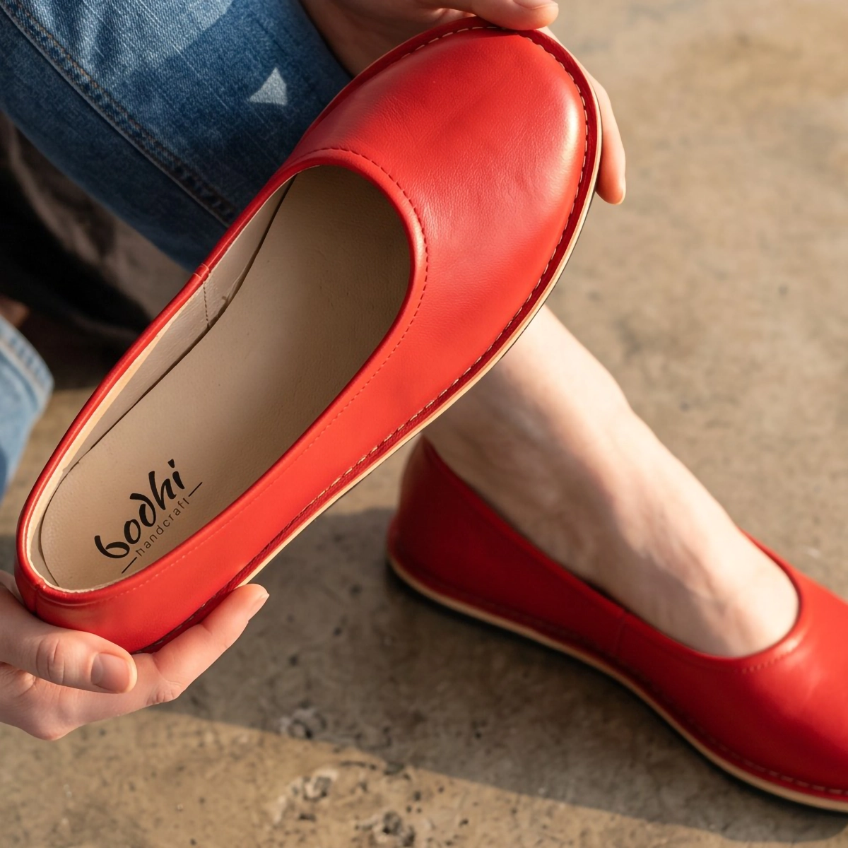 Kadın Babet Barefoot Kırmızı Deri - Kauçuk Taban - Görsel 3