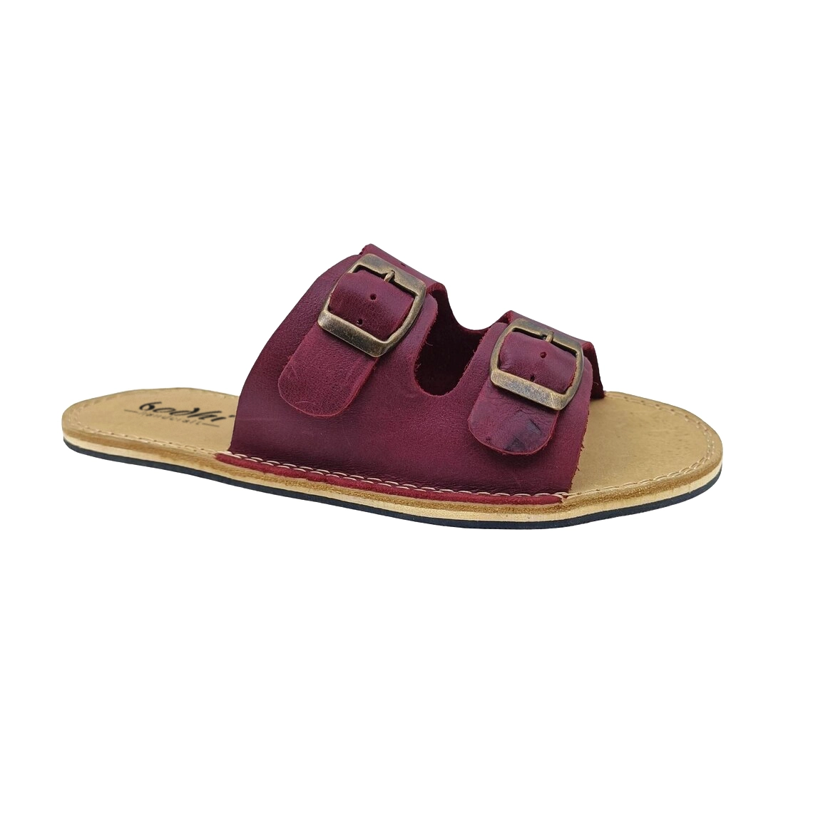 Burgundy Leather Double Strap Barefoot Slide Sandals for Women | Handmade - Image 6