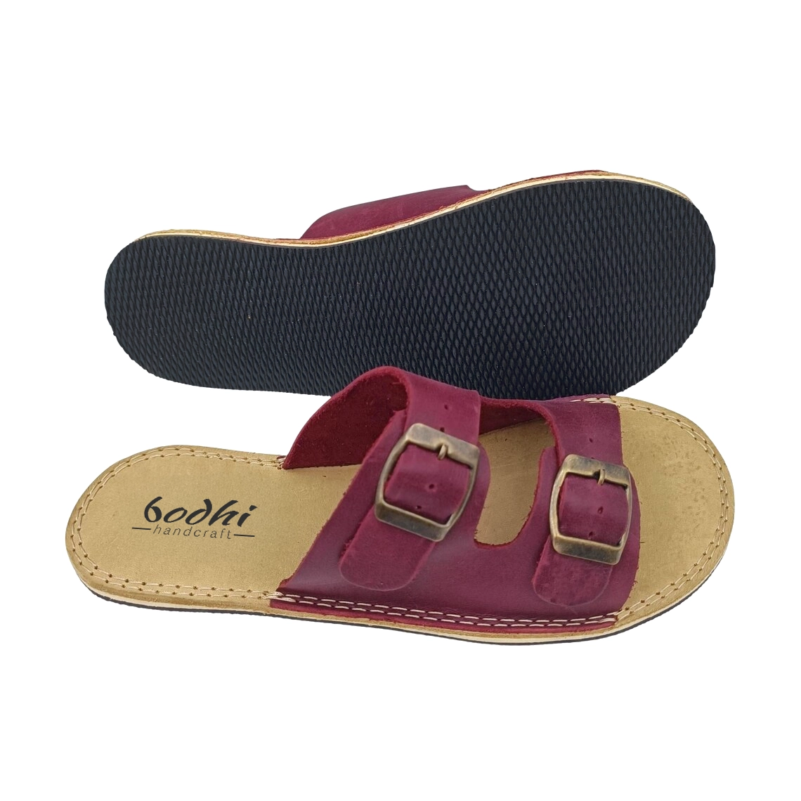 Burgundy Leather Double Strap Barefoot Slide Sandals for Women | Handmade - Image 4