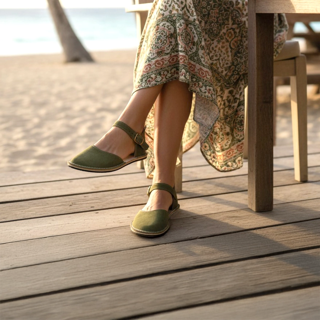 Green Suede Minimalist Barefoot Women's Sandals | Rubber Sole