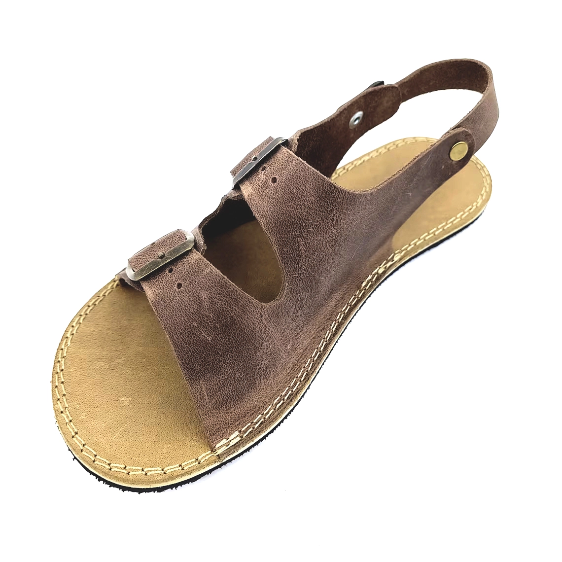 Women's Taupe Barefoot Double Buckle Leather Sandals | Rubber Sole - Image 7