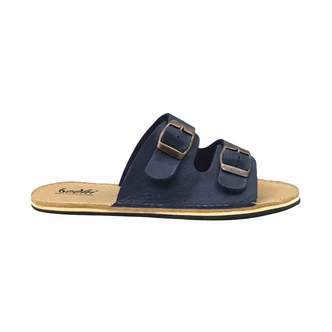 Navy Blue Leather Barefoot Women’s Double Buckle Sandals | Handmade Minimalist Slides - Image 5