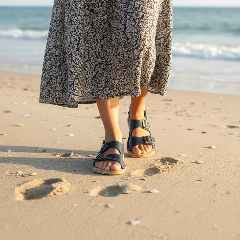 Women's Double Buckle Leather Sandals Navy Blue Barefoot | Zero Drop & Rubber Sole - Image 3