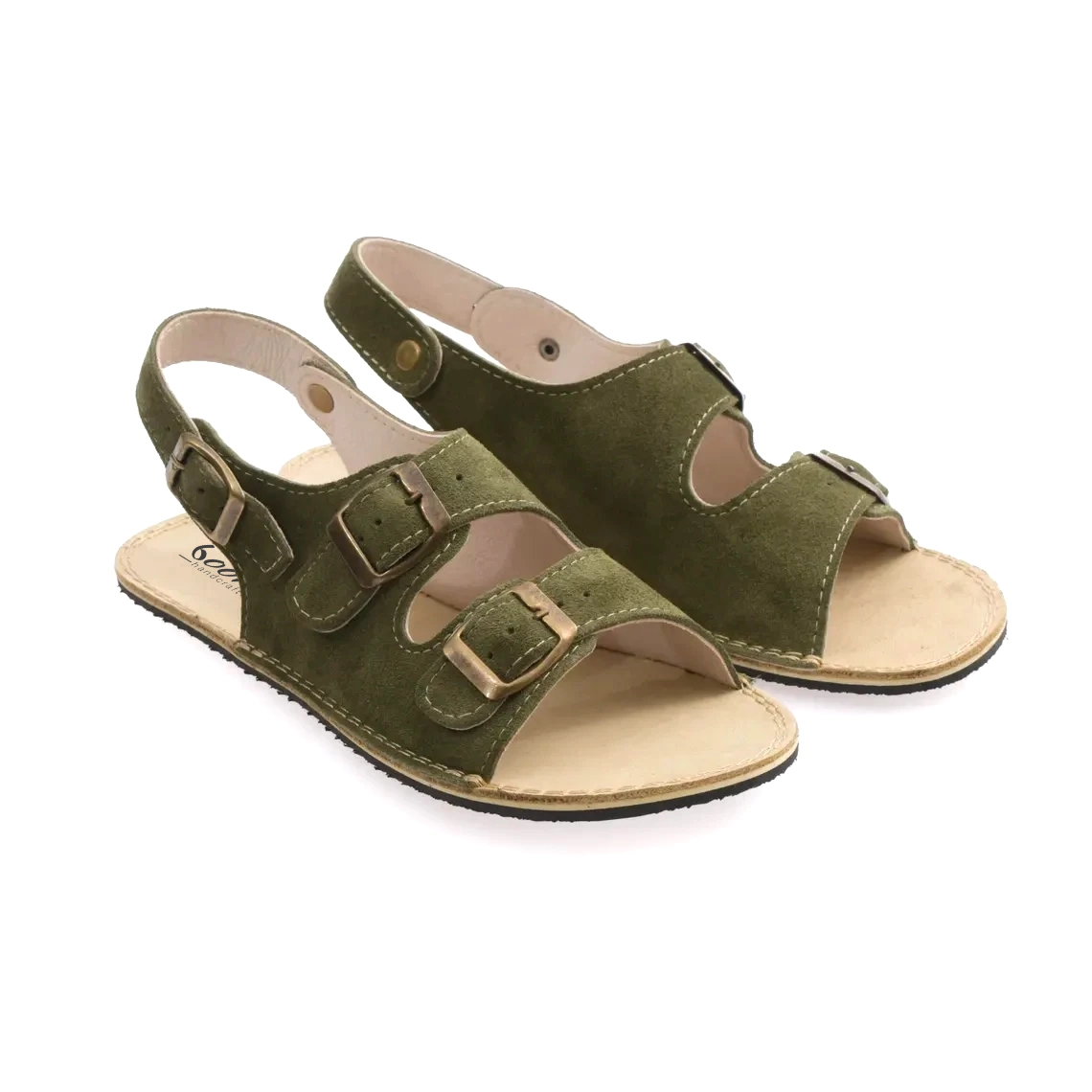 Women's Green Suede Leather Barefoot Double Strap Sandals | Handmade - Rubber Sole - Image 3