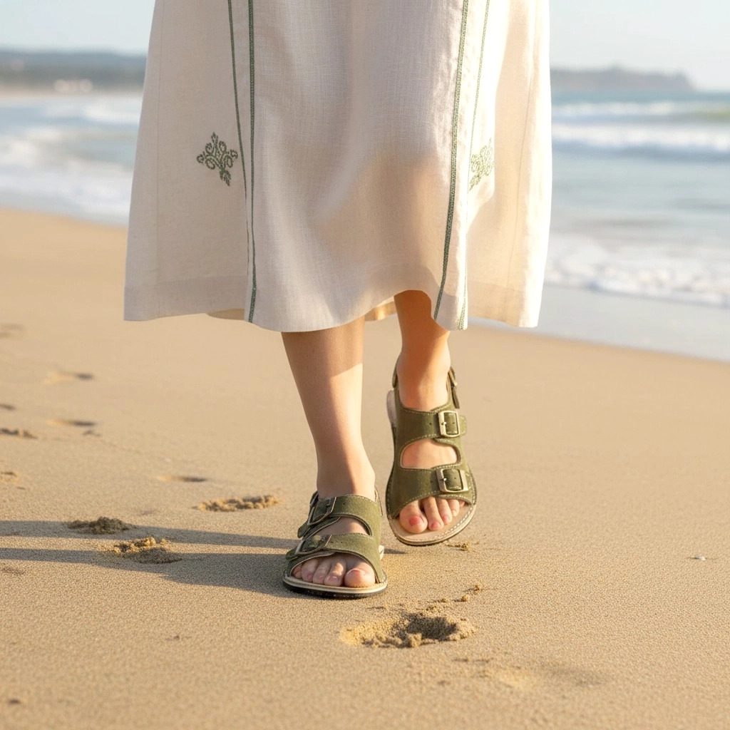 Women's Green Suede Leather Barefoot Double Strap Sandals | Handmade - Rubber Sole - Image 2