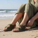 Women's Green Suede Leather Barefoot Double Strap Sandals | Handmade - Rubber Sole