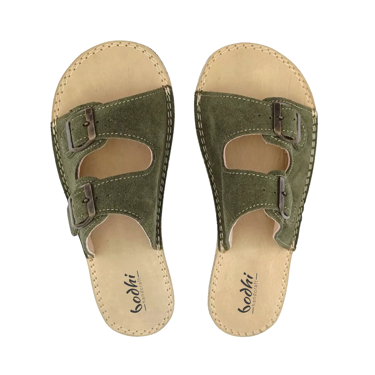 Yeşil Süet Deri Barefoot Çift Bantlı Kadın Plaj Terlikleri | El İmalatı - Görsel 2