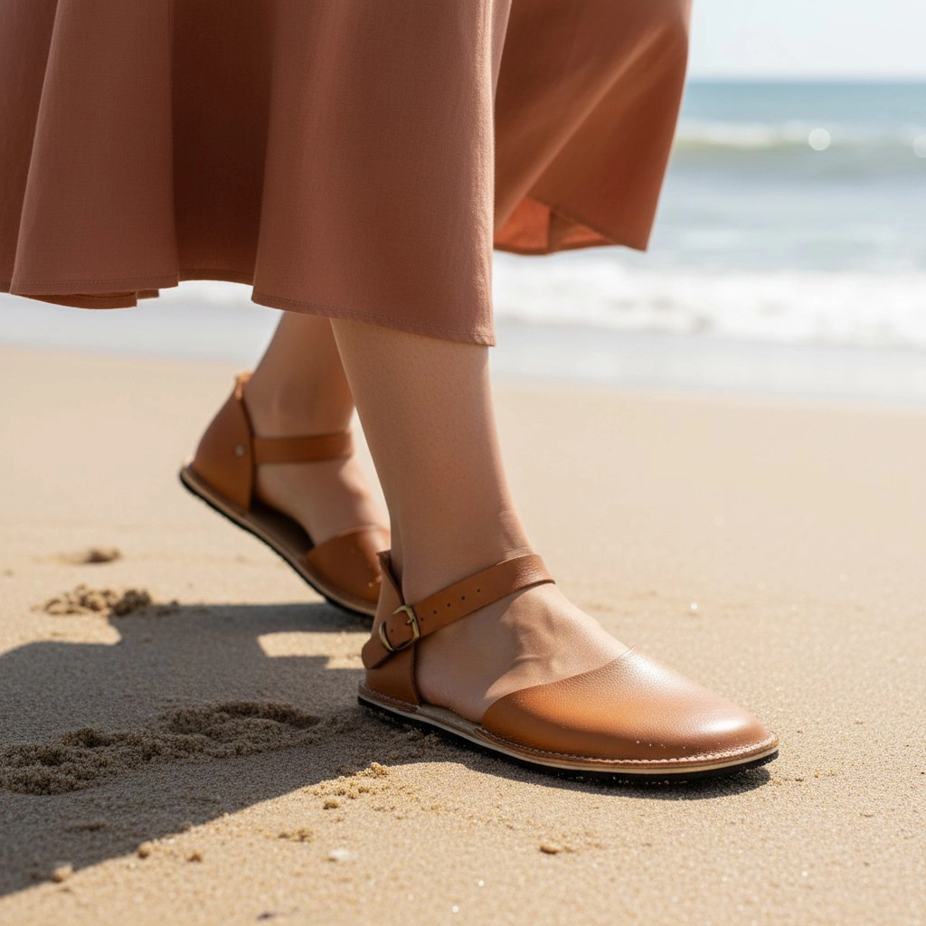 Taba Deri Minimalist Barefoot Kadın Sandaleti | Kauçuk Taban - Görsel 4