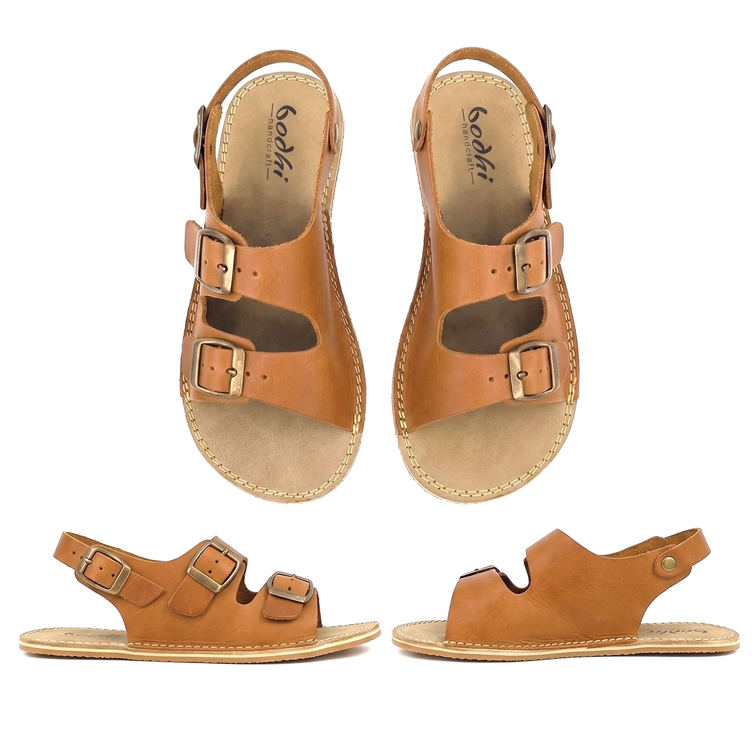 Women's Tan Leather Barefoot Double Buckle Sandals | Rubber Sole & Zero-Drop - Image 2