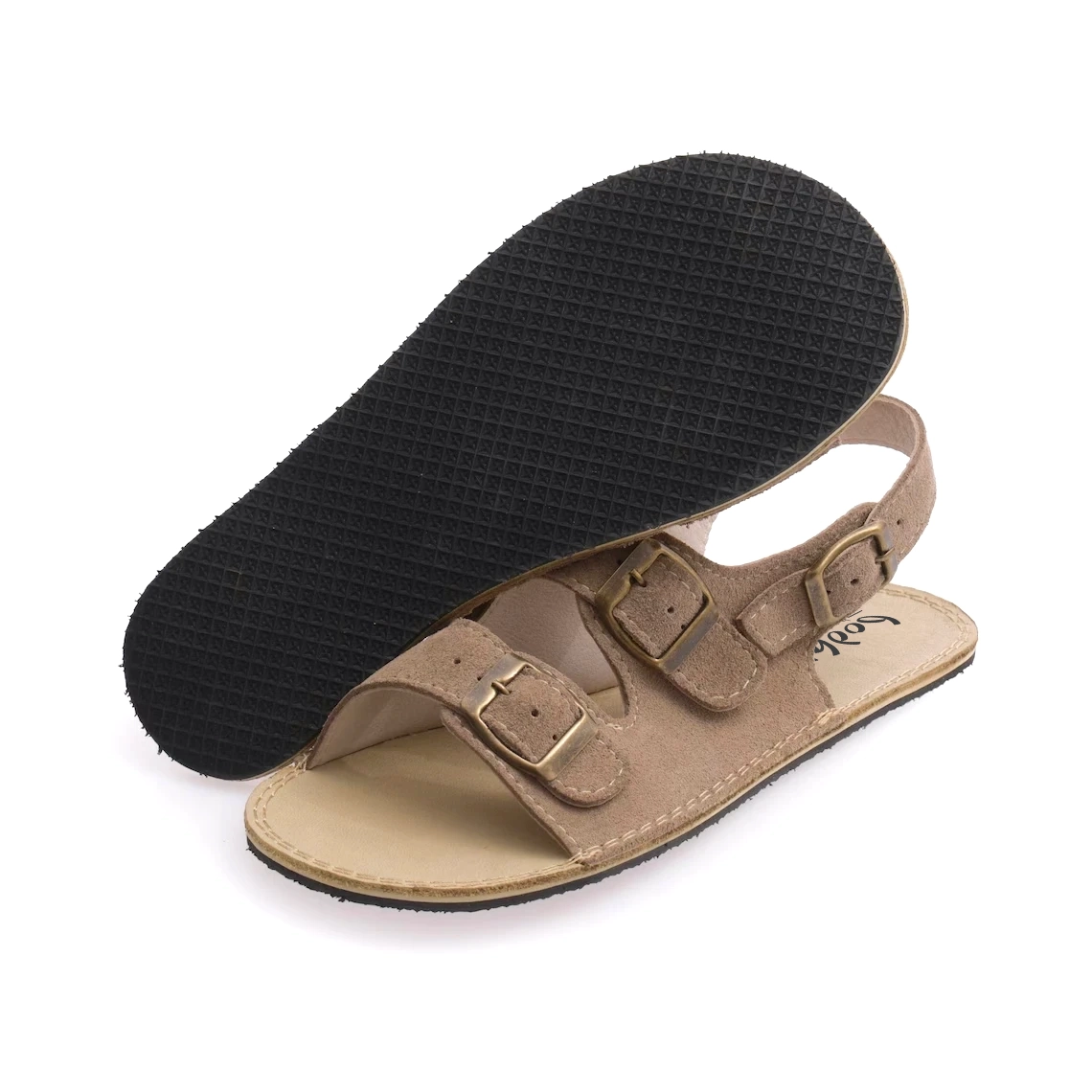 Taupe Suede Leather Barefoot Double Strap Sandals For Women | Rubber Sole - Image 4