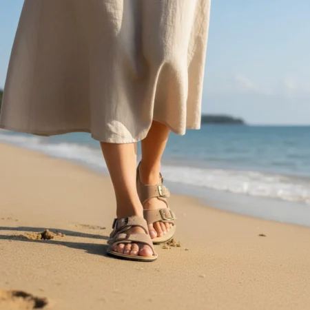 Taupe Suede Leather Barefoot Double Strap Sandals For Women | Rubber Sole