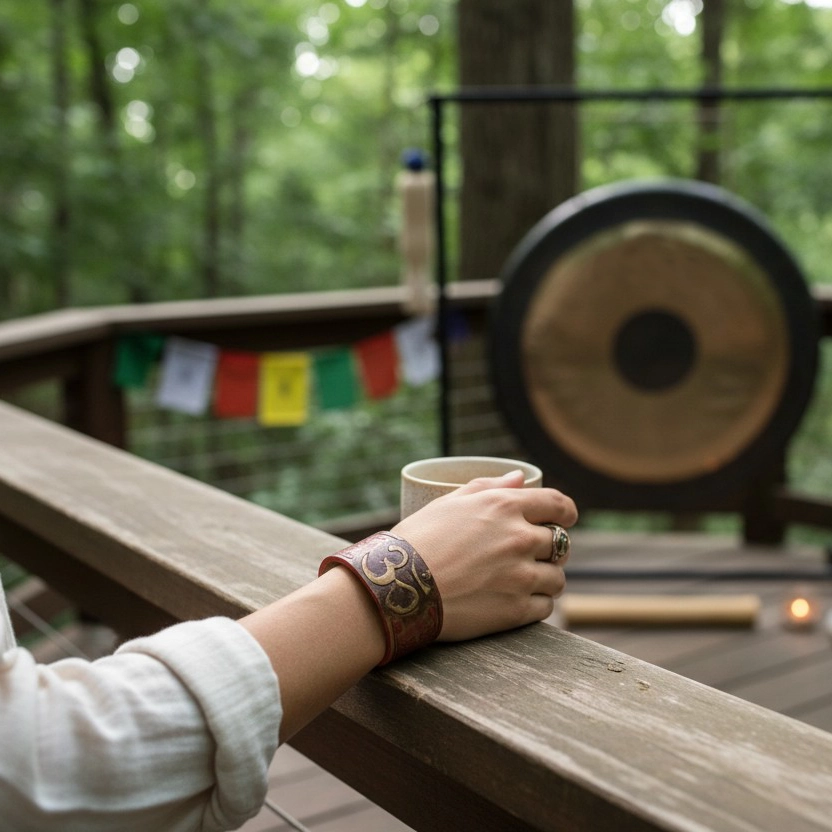 El Yapımı Deri Bileklik Kırmızı ve Kahverengi | OM Sembolü İşlemeli