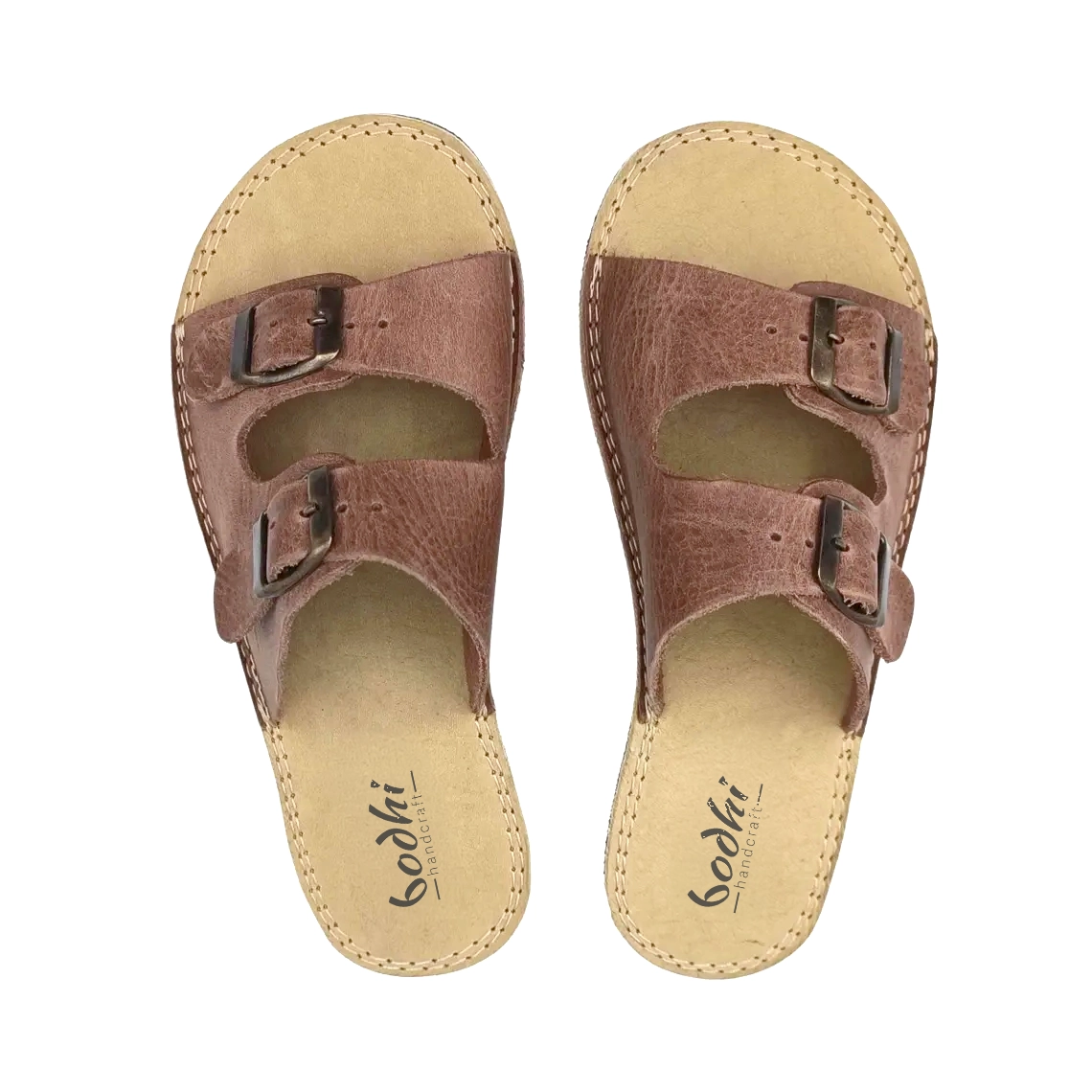Barefoot Kadın Çift Tokalı Terlik Boz Kahverengi Gerçek Deri | El İmalatı - Görsel 2