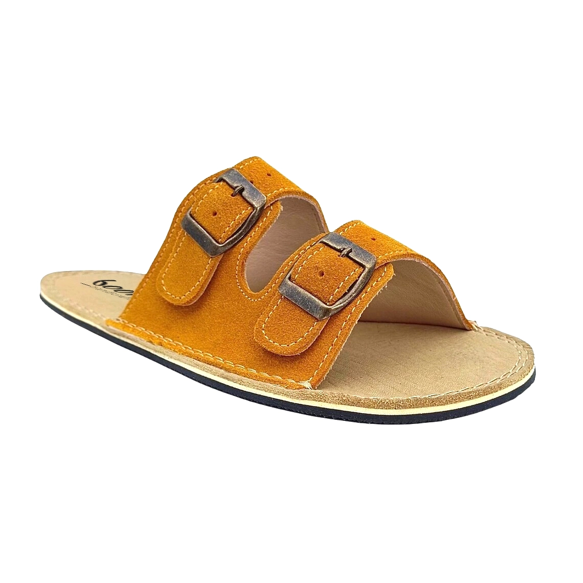 Sarı Süet Deri Barefoot Çift Tokalı Kadın Terliği | El İmalatı - Görsel 5