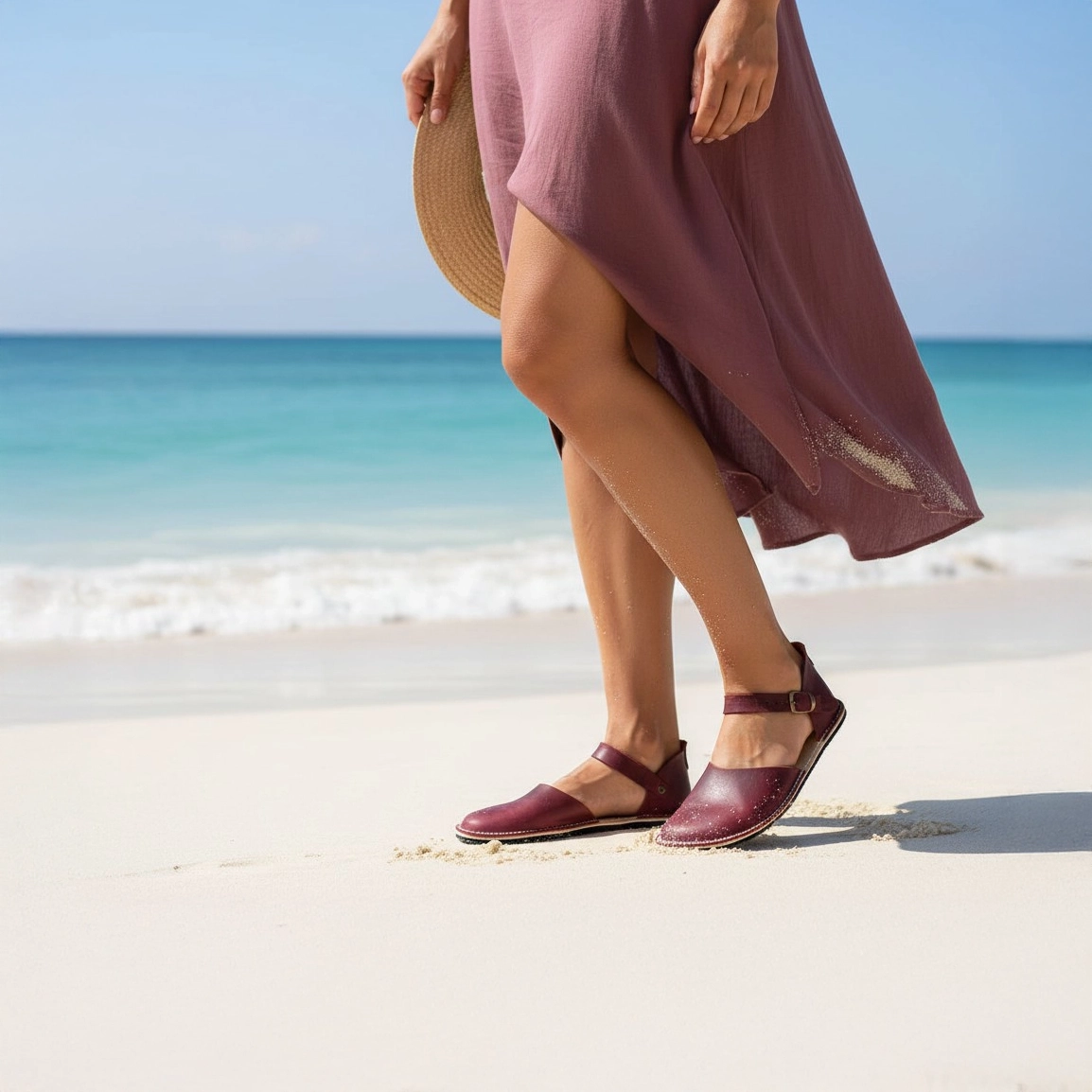 Burgundy Leather Minimalist Barefoot Women's Sandals | Rubber Sole