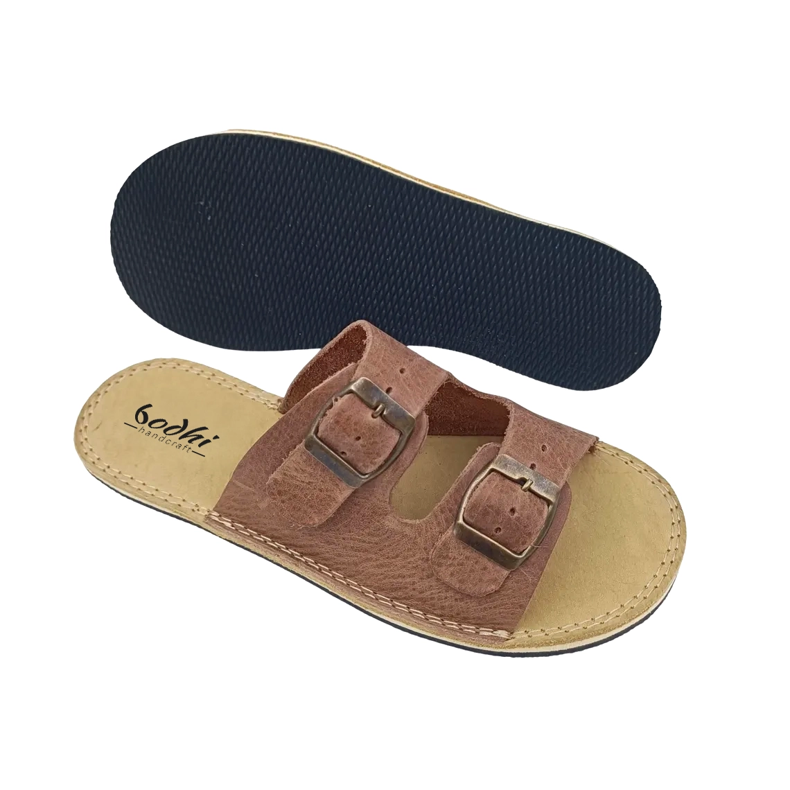 Barefoot Kadın Çift Tokalı Terlik Boz Kahverengi Gerçek Deri | El İmalatı - Görsel 4