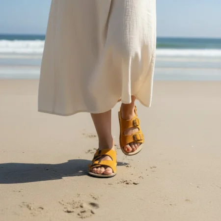 Women's Yellow Suede Leather Barefoot Double Strap Sandals | Wide Toe Box & Zero Drop