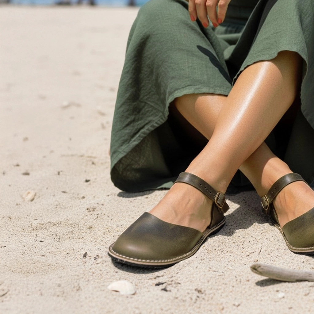 Olive Green Leather Minimalist Barefoot Women's Sandals | Rubber Sole